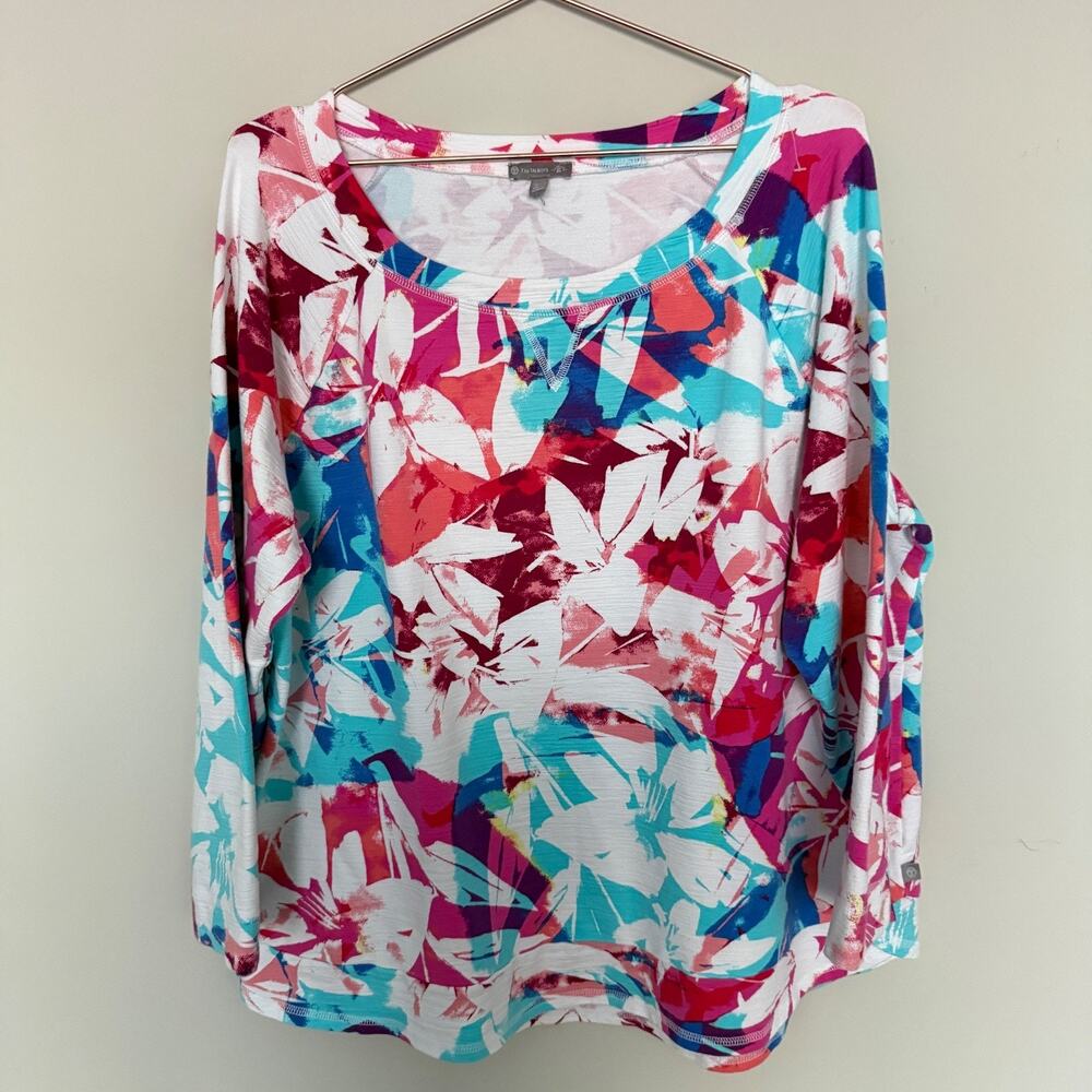 T by Talbots Womens Top 2X Floral Plus Size UPF 50+ Coastal Resortwear Beachy